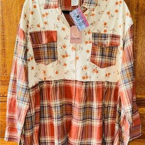 Grace and Emma Rust Plaid, Floral Print Ruffle Flannel top.